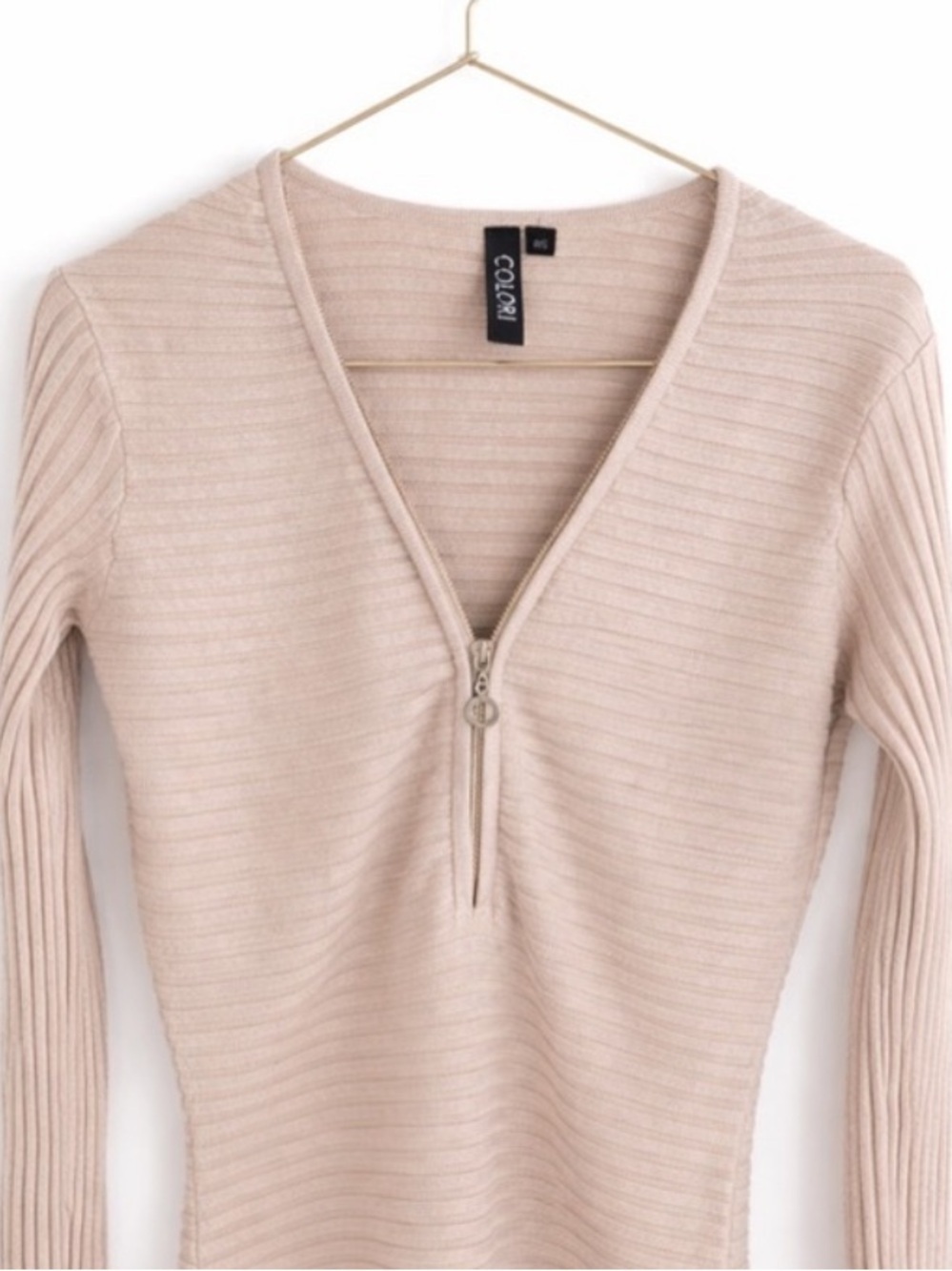 🆓 $0 WITH PURCHASE - COLORI Ribbed Half-Zip Knit Top Beige Sz Small